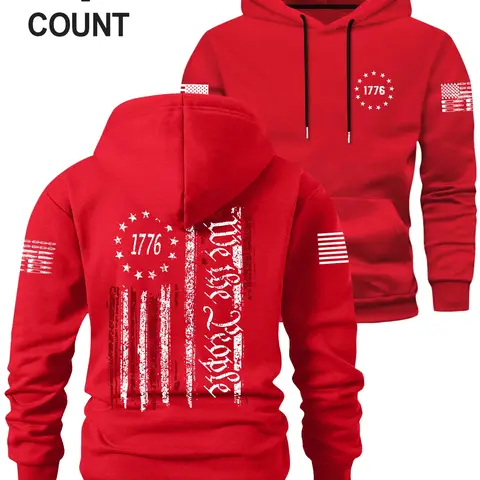 Men's Fall Winter Hooded Sweatshirt with Flag Print, Chest Pocket, Elastic Waistband, Long Sleeve, Casual Loose Fit for Daily Wear and Outdoor Activities, Casual Streetwear Graphic Print Hoodie