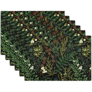 Green Leaves Placemats Set of 6 Botanical Fern Leaf Floral Place Mats Washable Dining Summer Black Table Mats Stain Heat-Resistant for Home Party Indoor 12x18 in