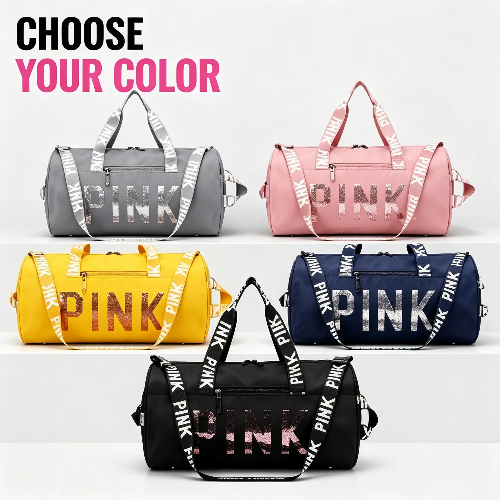 Sparkly Sequined PINK Logo Duffle Bag Waterproof Nylon Sports Gym Bag for Girls Women, Adjustable Printed Crossbody Strap Spacious Overnight Carry On Travel Bag for Weekend Getaway Dance Fitness Trip Multi Colors Checkerboard Leather Duffel