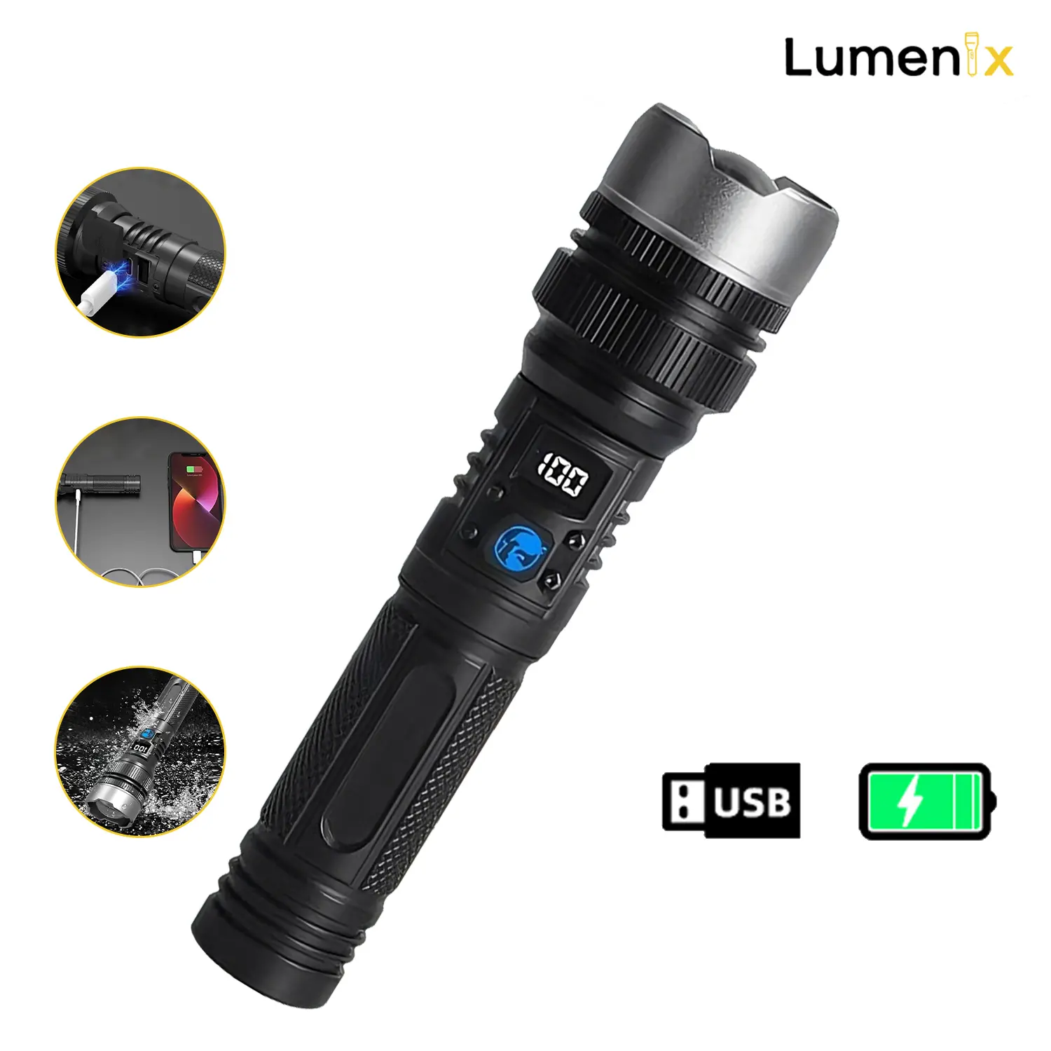 2-in-1 Strong Flashlight (Power Bank)，Digital display of power, Rechargeable，Zoomable, , X4Waterproof, Adjustable Brightness Flash Light for Outdoor, Emergency, Camping Accessories，Black DealsForYouDays