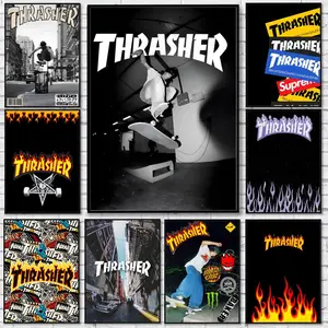 T-Thrasher-ED Skateboarding Tricks Poster Waterproof HD Wall Sticker, Skateboarding Themed Wall Art, Self-Adhesive Decorative Art Poster, Fade-Resistant Scratch-Proof for Long-Term Use, Easy to Apply and Clean, for Home Decor, Gift Idea