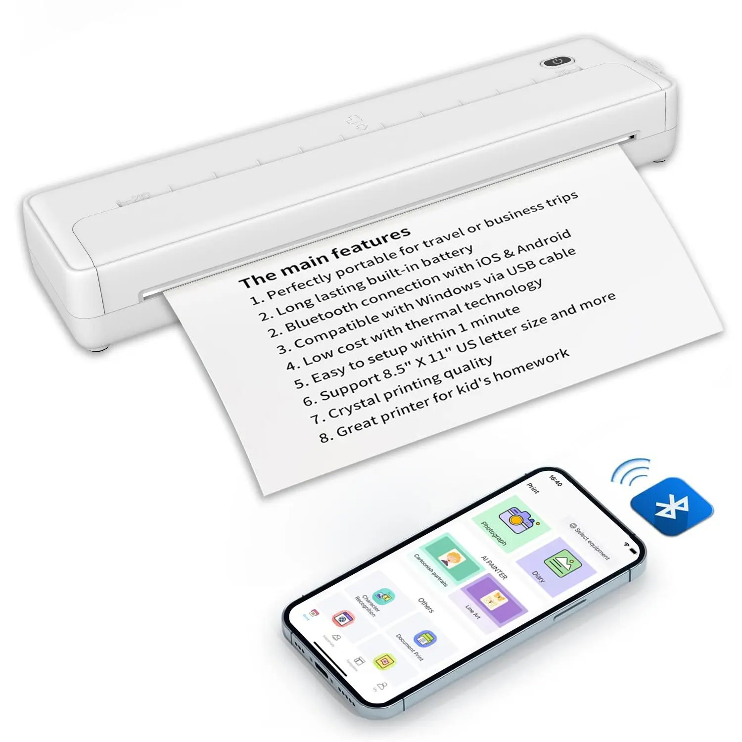No More INK! Portable A4 Thermal Printers Wireless for Travel, Small Inkless Thermal Printer | Bluetooth Mobile Mini Printer , Compatible with iPhone Laptop for Home Office School Receipt