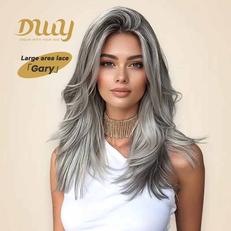 Gary -DWY 13x6 Lace Front Free Part Short-Length White Gray Highlighted Glueless Synthetic Wig for Women 18 Inches Natural Hairline