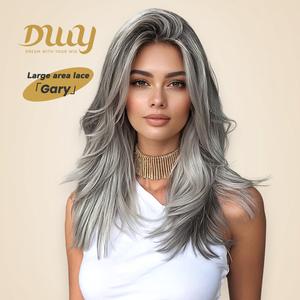 Gary -DWY 13x6 Lace Front Free Part Short-Length White Gray Highlighted Glueless Synthetic Wig for Women 18 Inches Natural Hairline