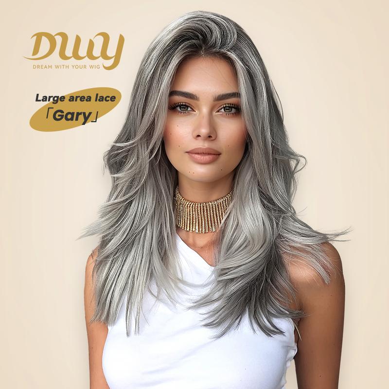 Gary -DWY 13x6 Lace Front Free Part Short-Length White Gray Highlighted Glueless Synthetic Wig for Women 18 Inches Natural Hairline
