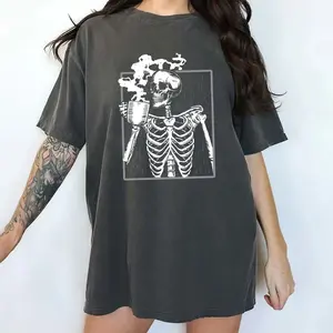 Funny Skeleton Drinking Coffee Sweatshirt, Halloween Skeleton Crewneck, Creepy Skeleton Sweater, Coffee Lover Gift Shirt, Spooky Season Sweatshirt, Halloween Party Tee, Comfy Long Sleeve Pullover, Women's Tops, Casual Womenswear, Comfort Fabric Cotton Top