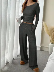 Women's Fashion Casual Long Sleeve Set, Tight Fit Pullover Top with Pockets, Wide Leg Pants, 2 Piece for Daily Wear