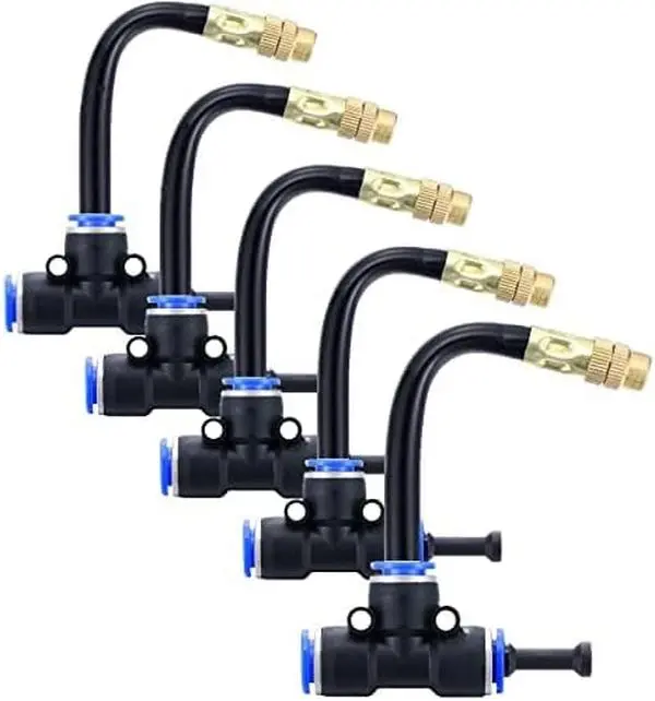 5Packs Brass Misting Nozzles Tee with 4inch Built in Hose for Outdoor Cooling System, Adjustable 360 Rotation, Water Mister Nozzles Thread Sprayer 0.043" (1.1 mm)