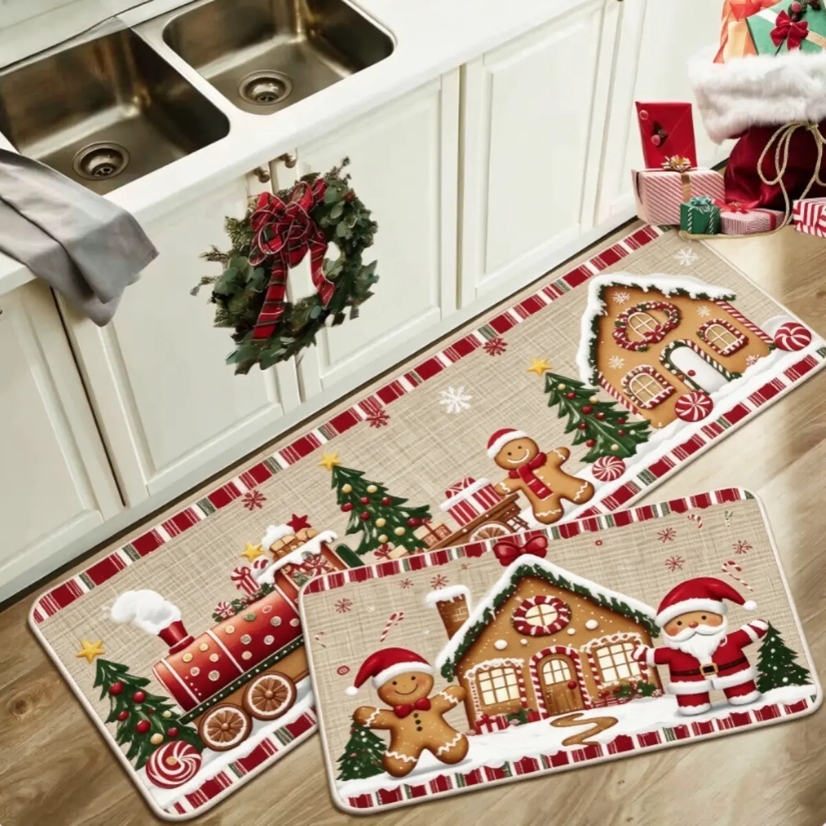 Christmas Kitchen Rug Set 2 Pcs Tree Truck Design Farmhouse Washable Non Slip Kitchen Runner Mat Door Mat Holiday Floor Mat