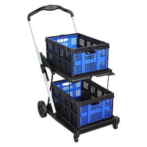 Collapsible 2-Tier Shopping Cart, Foldable Grocery Trolley on Wheels with Retractable Bands, Heavy Duty Utility Cart, 360° Swivel Removable Wheels, 40kg/50kg Load, Blue (2 Boxes Included)