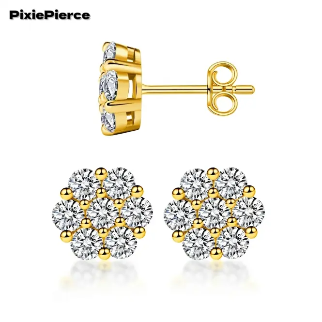S925 Sterling Silver Floral Stud Earrings - Iced Out Cluster Flower Stud Earrings - Unisex S925 Silver Bussdown Bling color vvs1 synthetic moissanite