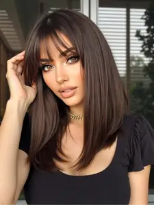 16 Inch Brown Shoulder Length Straight Wigs for Women, Gorgeous Fluffy Wigs with Bangs, Synthetic Full Machine Wigs for Party, Daily Use