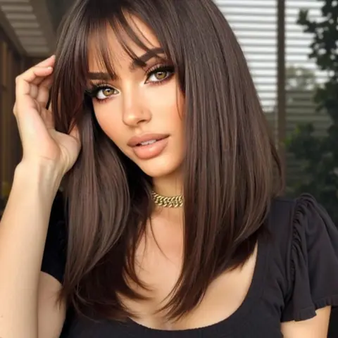 16 Inch Brown Shoulder Length Straight Wigs for Women, Gorgeous Fluffy Wigs with Bangs, Synthetic Full Machine Wigs for Party, Daily Use, Synthetic Fiber Wigs