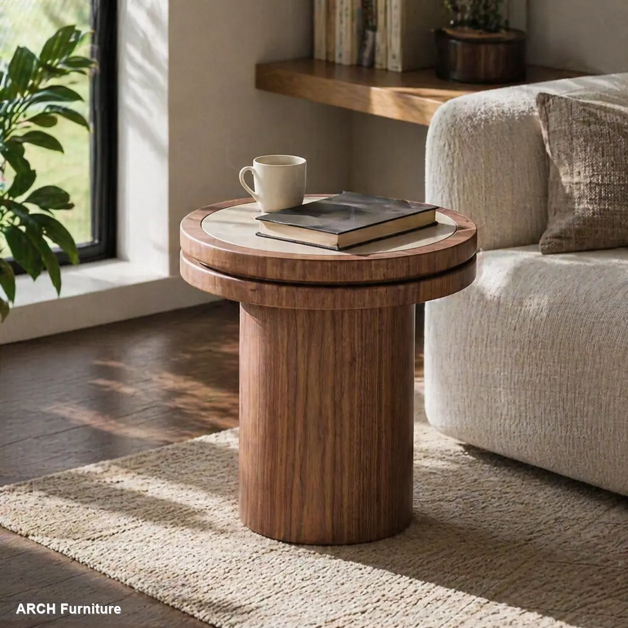 19.49-in Round MDF Circle Pedestal Table - Walnut Finish, Sintered Stone Tabletop, for Living Room, Bedroom, Circle Pedestal Tables