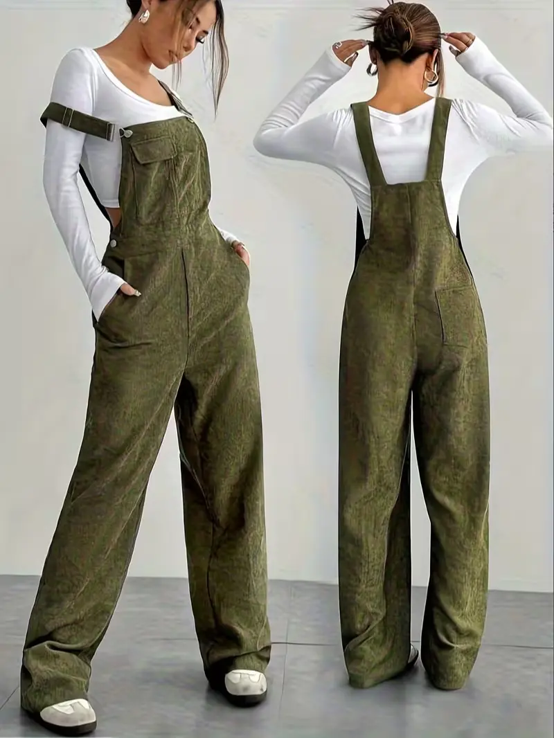 Women's Loose-Fit Corduroy Overalls - Everyday Basic Plain Jumpsuit, Adjustable Shoulder Straps, Multi-Flap Pockets, Below Ankle, Spring/Autumn Casual Comfortable Outfit
