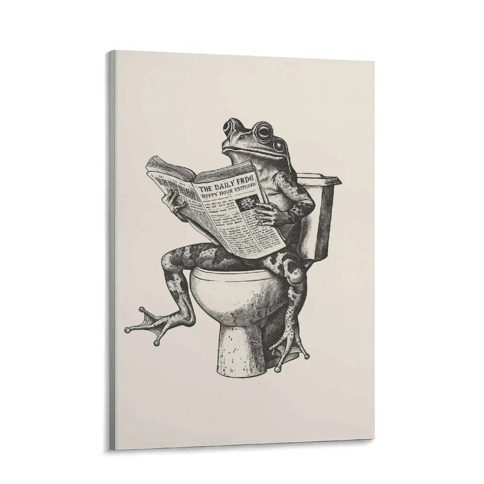 Funny Animal Bathroom Wall Art Frog on Toilet Reading Newspaper Canvas Painting Frog Art Print Pictures for Wall Decoration