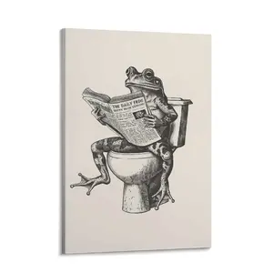 Funny Animal Bathroom Wall Art Frog on Toilet Reading Newspaper Canvas Painting Frog Art Print Pictures for Wall Decoration