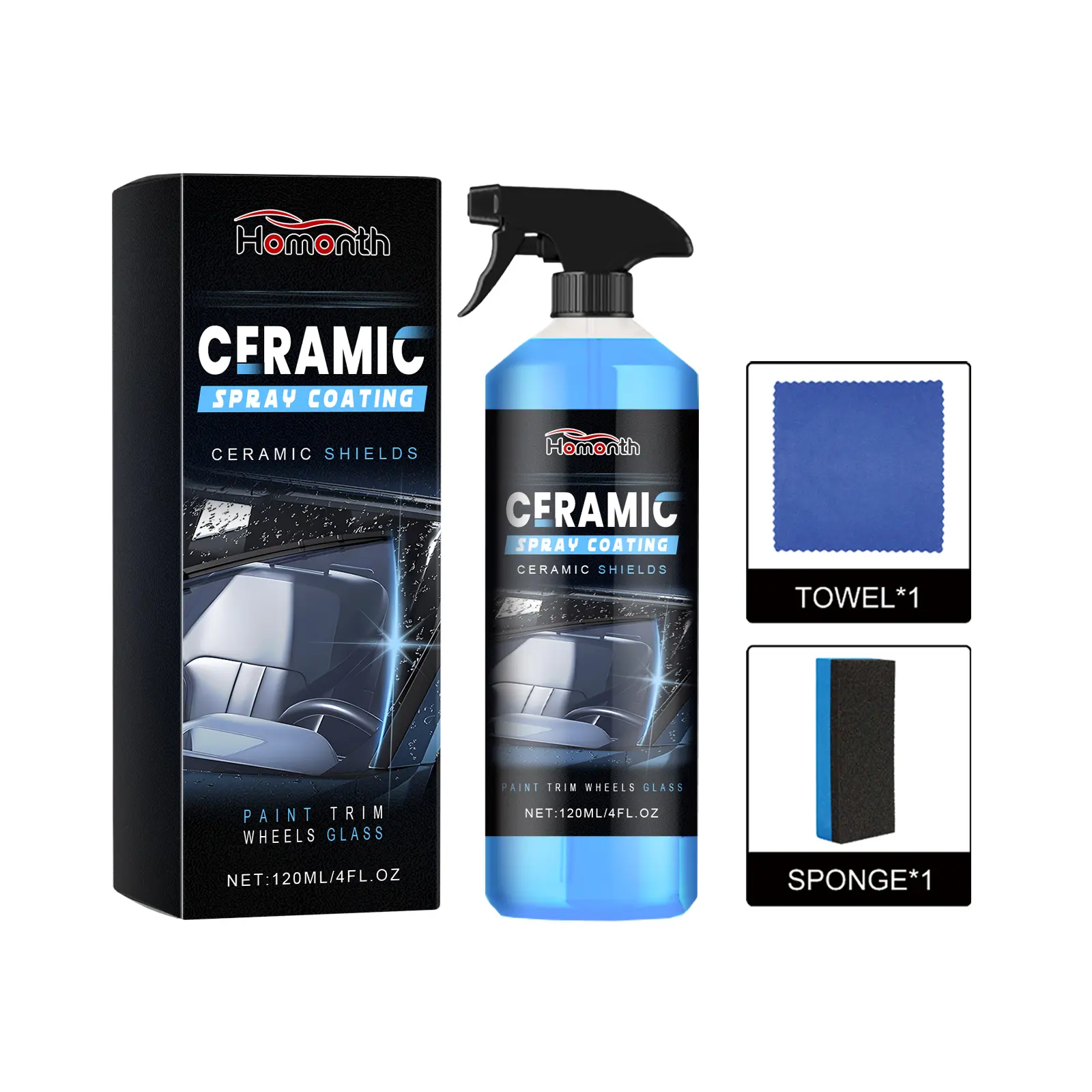 Homonth Ceramic Glass Stain Removal Spray Cleaning Kit for Car Windows-Windshields, 120ml/4fl oz, Removes Oil Films-Insect Residue, Boosts Visibility, UV Protection, Prolongs Glass Lifespan, Easy to Use, Includes Towel-Sponge