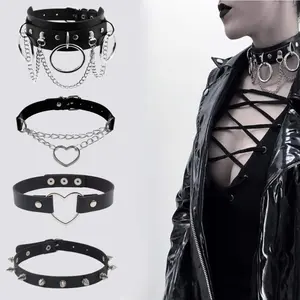4PCS Women's Punk Choker Necklaces - Gothic Heart Shape Biker Collar, PU Leather Studded Rock Jewelry with Spike & Heart Charms, No Power Required popular men