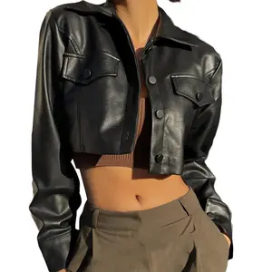 Women Crop Leather Jacket Solid Color Casual Long Sleeve Button Down Jacket Fall Outwear Coats Love Polyester Spring Tops Outerwear Black Fitted