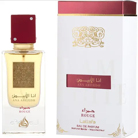 Lattafa Ana Abiyedh Rouge Alcohol-Based EDP Fragrance Spray - Luxury Arabic Ethnic Fresh Scent, 60ml (2.04 fl oz) Unisex Adults' Fragrance Blend, Citrus Fruity Amber Musk Notes, Arabic Spray Bottle, Easy to Wear for Work Travel Dates