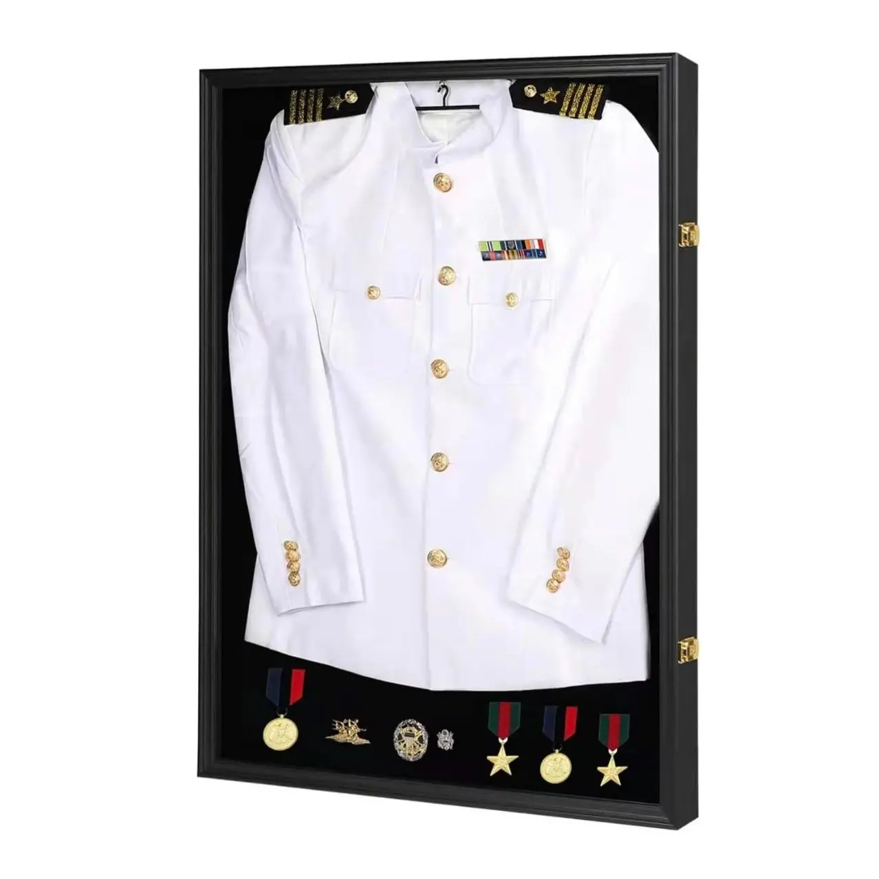 CRDC Military & Police Uniform Shadow Box - Felt, Metal, Wood, Glass Decor Display Case with 98% UV-Protective Acrylic Panel, Dedicated Hanging Rod, Black Finish for Navy Suits, XXL Sports Jerseys
