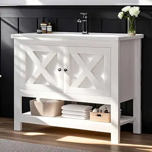 HOMBCK Bathroom Vanity with Sink, Farmhouse Bathroom Vanity Cabinet, 2 Doors and Open Shelf, Freestanding Vanity, Bathroom Cabinet with Ceramic Sink