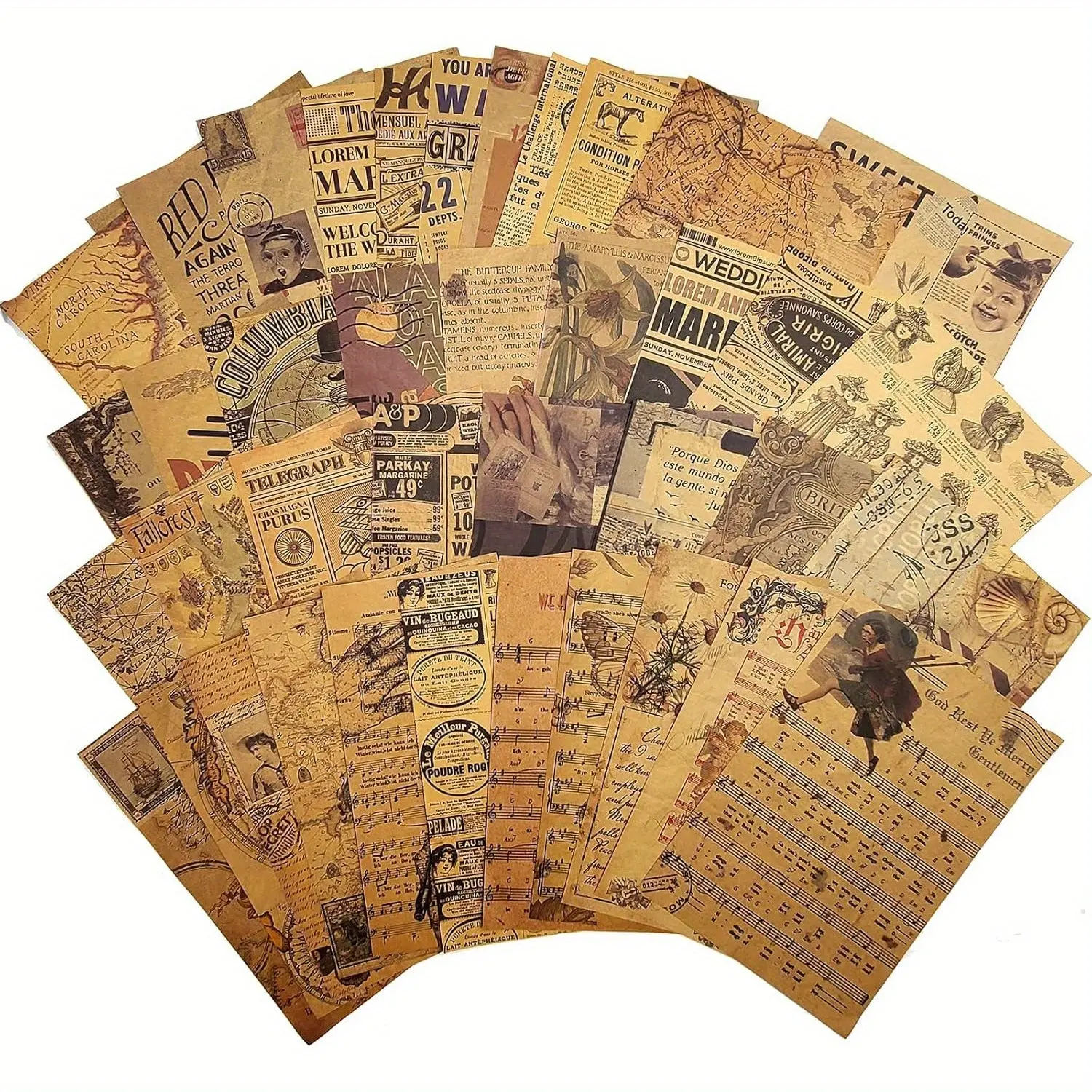 Vintage Craft Paper Scrapbook Set - 40 Sheets Decoupage Paper (10 Sheets per Theme, 4 Distinct Themes), 5.8x8.2 in Premium Office Stationery with Century Illustrations, Music Scores, Newspapers, Expedition Maps for Scrapbooking Ideas, Party Decorations
