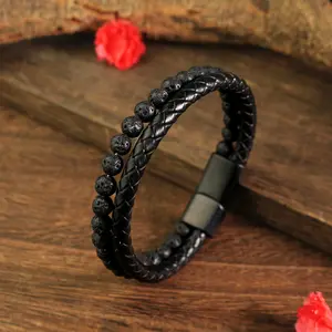 Men's 6mm Lava Rocks Stone Handmade Double Layer Braided Leather Bracelet Magnetic Clasp 8.2'' Bangle For Him Gift