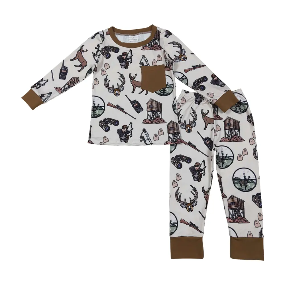 Girls' 2-Piece Soft Fabric Deer Print Pajama Lounge Set - Long-Sleeve Crew Neck Top, Comfortable Fit Pants, Little Hunter Pyjama Set, Long Sleeve Shirt, Pajama Lounge Sets, Fun Pattern