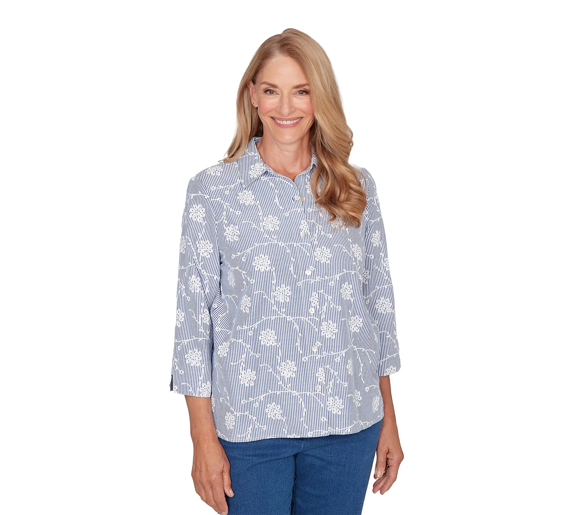 Alfred Dunner Women's Puff Print Embroidered Pinstripe Shirt