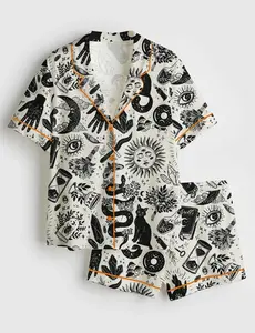 Witchy Things In Black And White Halloween Cat Satin Pajama Set, PJS Gift For Women, I Love Cat Witchy Sleepwear Party, Gift Nightwear