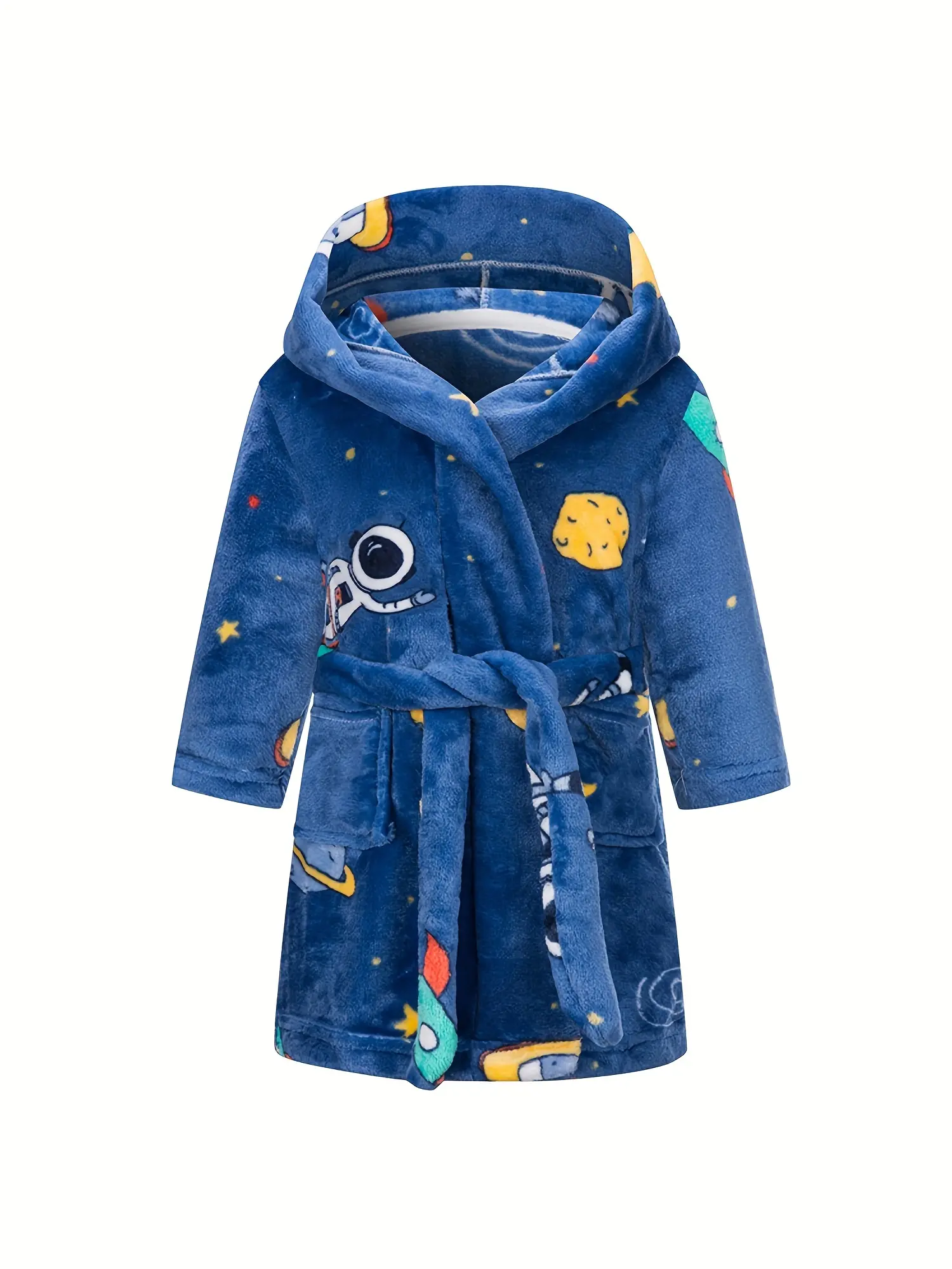Kids Astronaut Bathrobe - Cute Deep Blue Outer Space Rocket Hooded Fleece Robe for Toddler Boys Girls, Ultra Soft Plush Flannel Warm Sleepwear Loungewear with Pockets and Waist Belt, Perfect for Bath Shower Pool Beach Spa, Cozy Galaxy Pajamas Magical Fluf