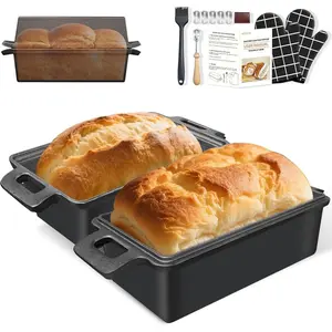 Cast Iron Bread Loaf Pan with d 9x5 Inch,2 in 1 Bread Pands Even Heat Bread Baking Pan for Homemade Bread, Sourdough, Meatloaf, Set of 2 Loaf Pans with Oven Mitts, Lame Baking Tool, Pastry Brush