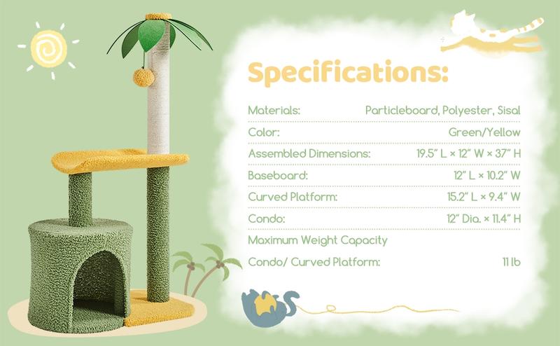 Yaheetech 37in Coconut Palm Cat Tree with Green Leaves, Scratching Post Large Condo,  Bending Perch Activity Center for Indoor Cats Green/Yellow
