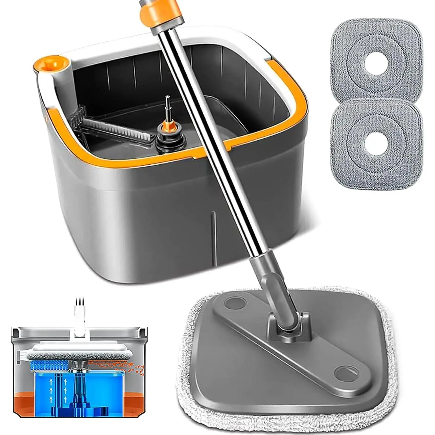 Spin Mop and Bucket Set with 2 Replaceable Microfiber Mop Pads with Self Separation Dirty and Clean Water System, Self Wringing 360° Rotating Square Mop Head for Hardwood Tile Marble Floors