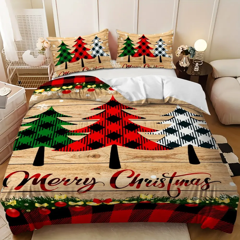 Bedding 3-piece set - 3PCS,Merry Christmas red, green and white checkered Christmas tree design down comforter set (1 comforter cover + 2 pillowcases, filling not included).soft and comfortable, suitable for family bedrooms.
