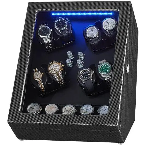 Automatic Watch Winder, Carbon Fiber PU Leather Case for 8+5 Watches with Quiet Motor, Blue LED Lights, and Security Lock & Key - Ideal Engagement or Wedding Gift, Prom
