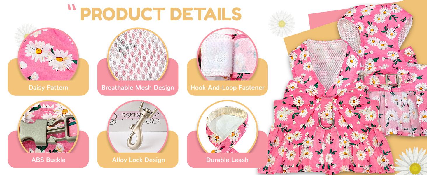 Dog Dress with Bowknot Harness & Leash Set – Floral Princess Outfit for Small Dogs & Cats, Breathable Spring/Summer Pet Clothes