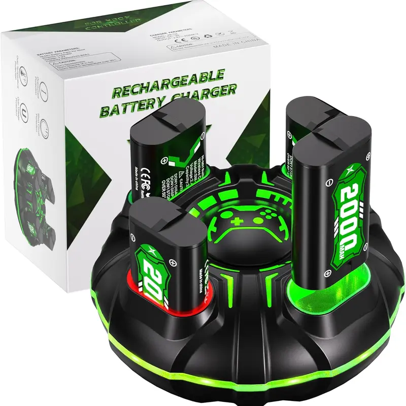 Ukor 4 Pcs 2000mAh (4800mWh) Rechargeable Batteries with Compact Fast Charging Dock - Gaming Accessories for Xbox Series S/X, 1 S/X, Elite Series 1 Wireless Controllers, High-Capacity, Long-Lasting Power, Cool Glow LED, Overheat-Safe, Anti-Wear Design