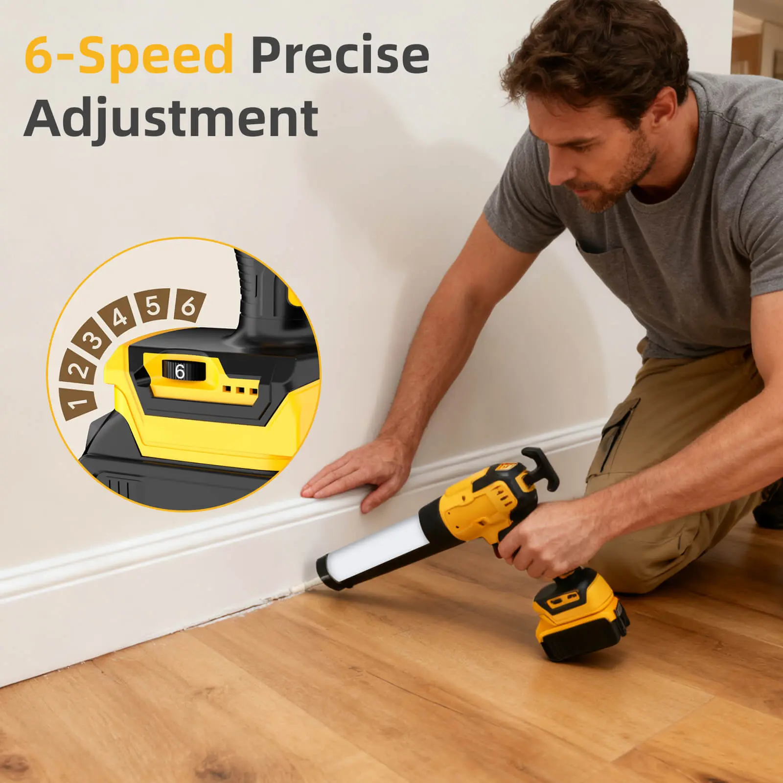 OJOYME 21V Brushless Motor Sealing Gun - 10 oz (300 ml) Wireless, 6 Adjustable Speeds, LED Light, Anti-Drip Tip, for ABS, Tile, Windows, House Renovation, DIY Projects