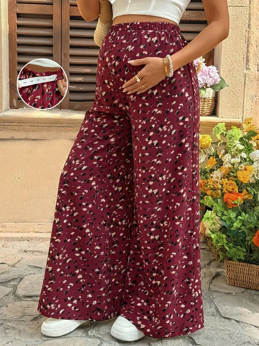 Maternity Adjustable Waist Pants Boho Full Print Long Lounge Bottom for Home and Travel
