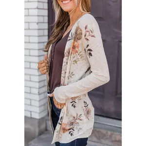 Apricot Floral Ribbed Knit Slim Fit Cardigan