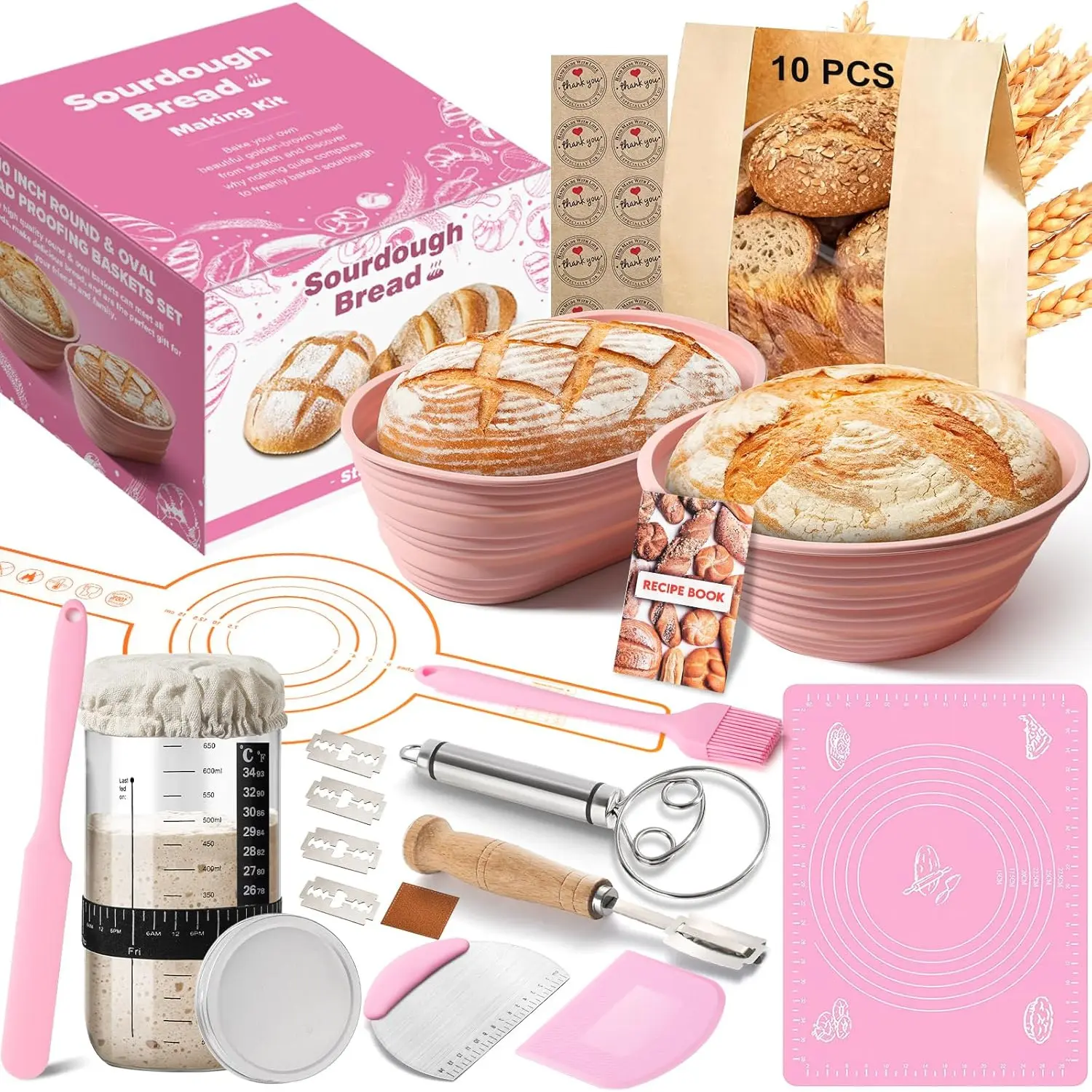 Sourdough Starter Kit, 15 Pcs Sour Dough Bread Baking Supplies for Beginners with 24 Oz Glass Starter Jar, Complete Bread Making Set with Silicone Banneton Proofing Basket, Baking Accessory, Baking Tools, Baking Utensils, Home Baking Supplies