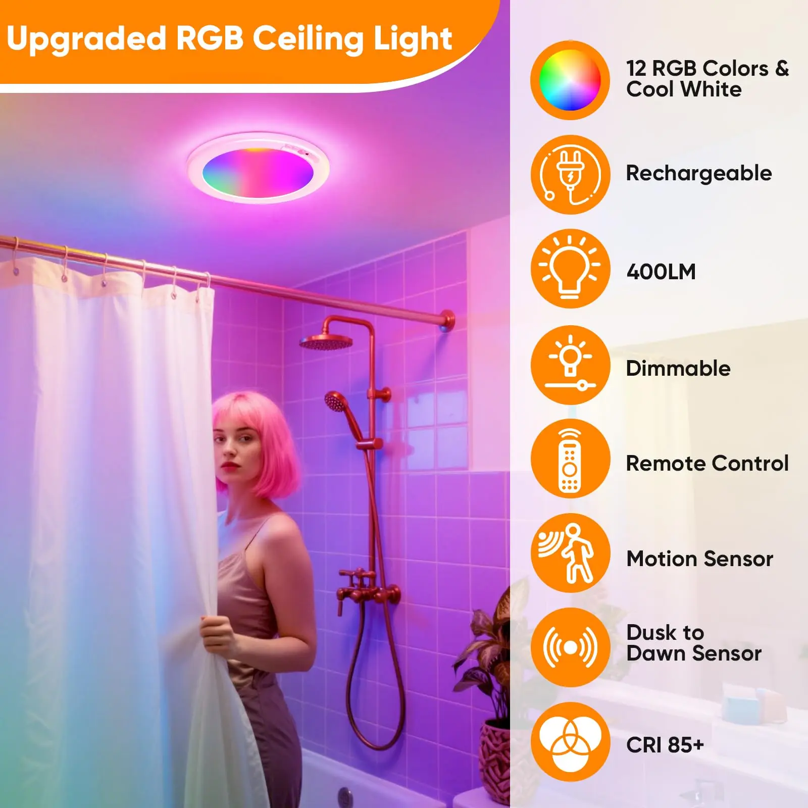 No Wiring Motion Sensor Ceiling Light - Magnetic Install, Rechargeable Battery, 12 RGB, Remote Control, Easy Mount for Closet & Pantry