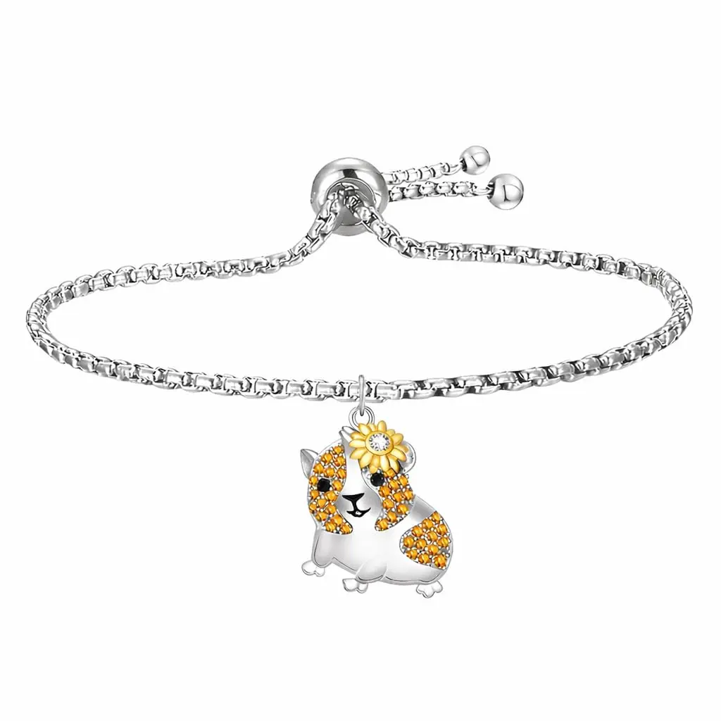 SUPAC Guinea Pig Charm Bracelet for Women, Adjustable Silver-Plated Stainless Steel Bolo Chain with Cubic Zirconia, Animal Lover Gift, Bolo Closure, Everyday Wear, 9.84-Inch Box Chain, Unisex, Daily