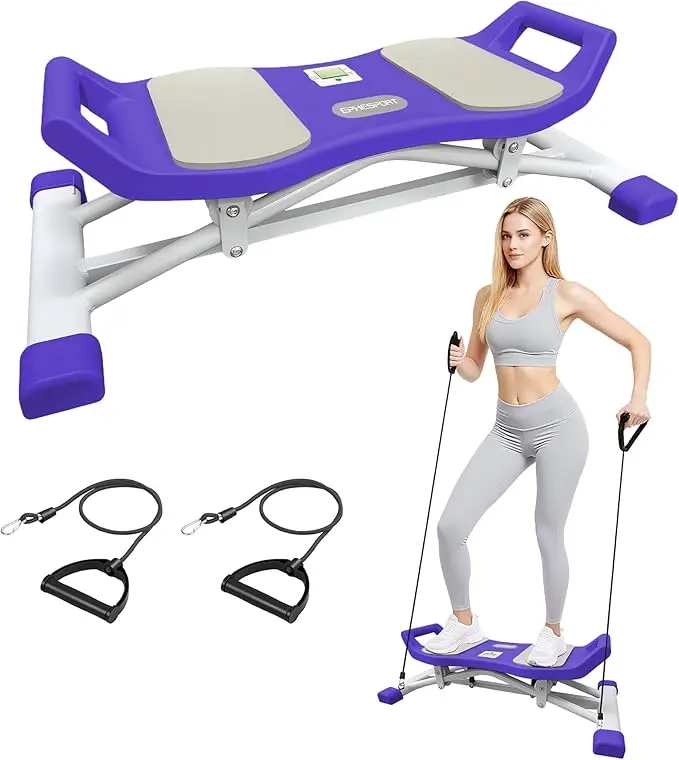 Purple Ski-Inspired Rocking Balance Board with Resistance Bands, Fitness Stepper with LCD Monitor, Core & Stability Trainer for Full Body Home Workouts, 300 lbs Capacity