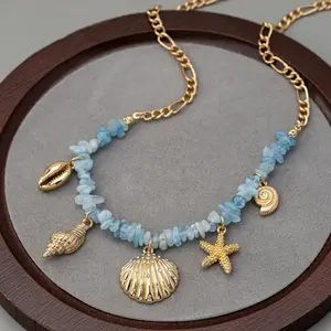 2pcs Summer Beach Style Imitation Crystal Beaded Necklace with Seashell Starfish Pendant, Heart Tassel Choker for Vacation Parties