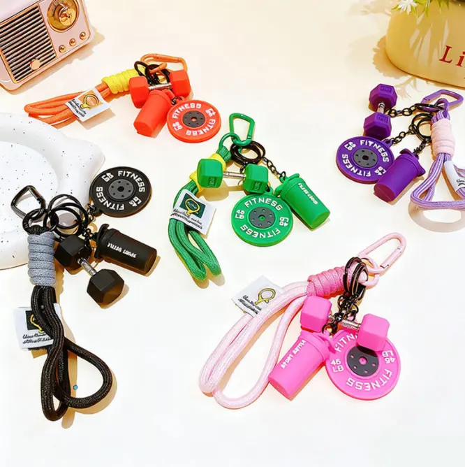 Sports Fitness Dumbbell and Barbell Keychain Set, Dumbbell & Barbell Key Ring Gym Keychain Accessories with Rope Charms, Water Bottle Accents, Dumbbell & Barbell Charms Pendant Creative Gym Fitness Pendant Decorative Bag Purse Backpack Ornaments for Women