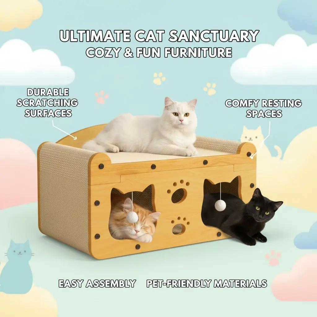 Cat Scratcher House for Indoor Cats, Sturdy MDF Frame 2-in-1 Cat Furniture Lounge Bed & Scratching Post, Large Cardboard Cat Hideaway with Catnip Included (22.05inch Length Double Doors)